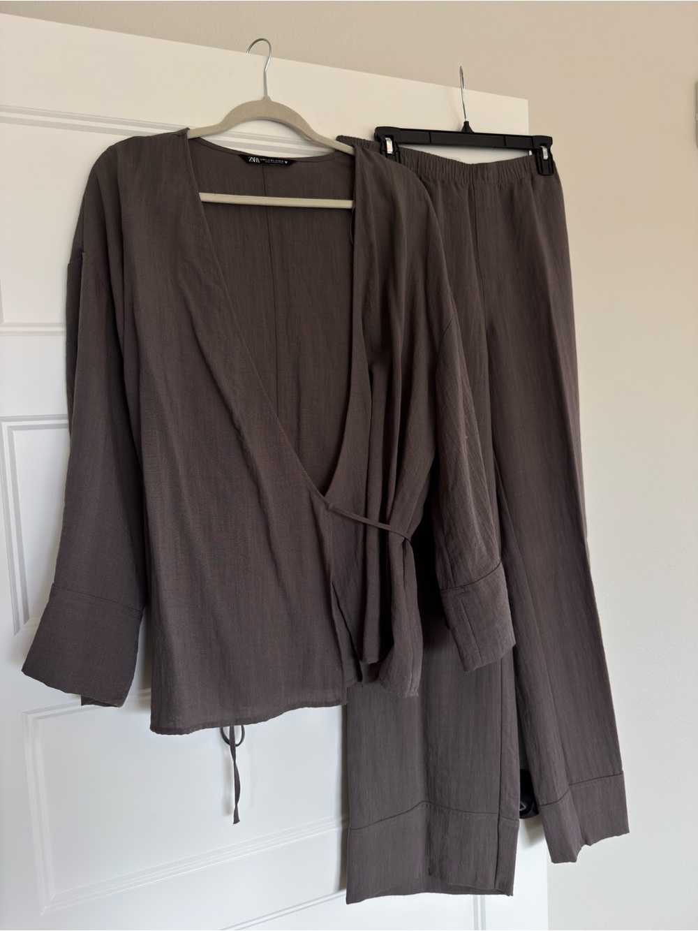 Zara Women's Two-Piece Wrap Top & Wide-Leg Pants Set in Dark Grey